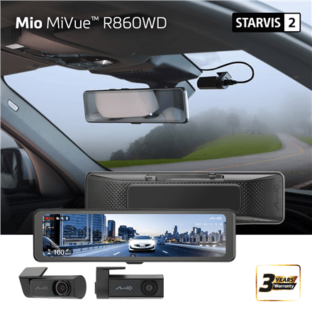 Mio MiVue R860WD, Dash Cam | GPS | Wi-Fi | Front and rear cams synchronized for recording with an unobstructed view; 11.26" IPS anti-glare touchscreen; Upgrade to the STARVIS 2 technology for clear details; Integrated high speed Wi-Fi – Quick pairing using QR code | Audio recorder