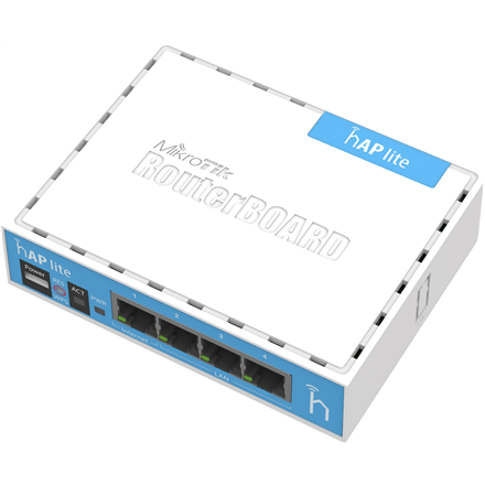MikroTik | hAP Lite Classic | RB941-2nD | 802.11n | 10/100 Mbit/s | Ethernet LAN (RJ-45) ports 4 | Mesh Support No | MU-MiMO No | No mobile broadband | Antenna type Internal | 1xUSB | 12 month(s)