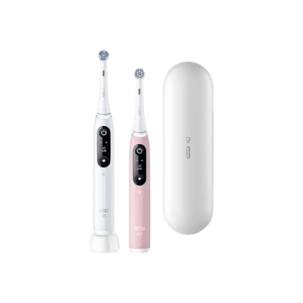 Oral-B iO6 DuoPack Electric Toothbrushes, White and Pink, Travel Case