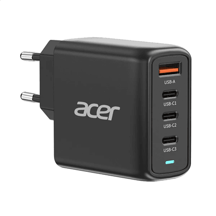 Acer 100W PD GaN Charger, 3 x USB C and 1 x USB A, EU Plug, 100W USB-C cable, Black, Retail Pack