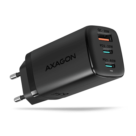 Axagon ACU-DPQ65 wall charger, 65 W, USB-A + 2x USB-C, GaN