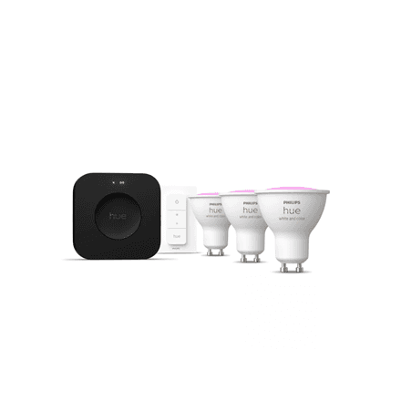 Philips Hue Starter set: 3 GU10 bulbs, dimmer switch, Hue Bridge Pro smart bulb
